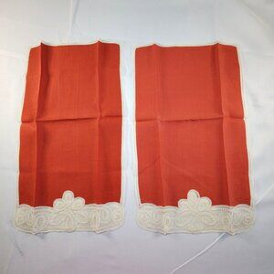 Vintage Hand Sewn Red Embroidered Brussels Belgium Lace Tea Towels 17x10 inches